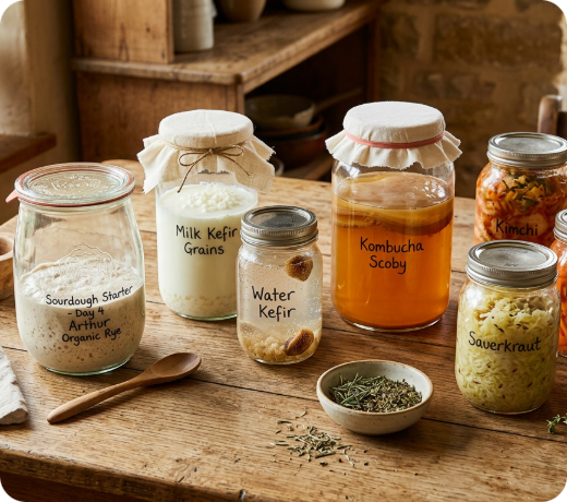 Jars of fermentation starters on a shelf